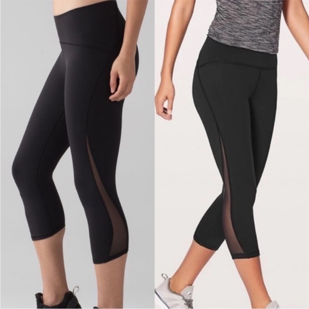 LULULEMON Wunder Under Solid Black Crop Side Mesh Leggings Size 4 - Picture 2 of 9